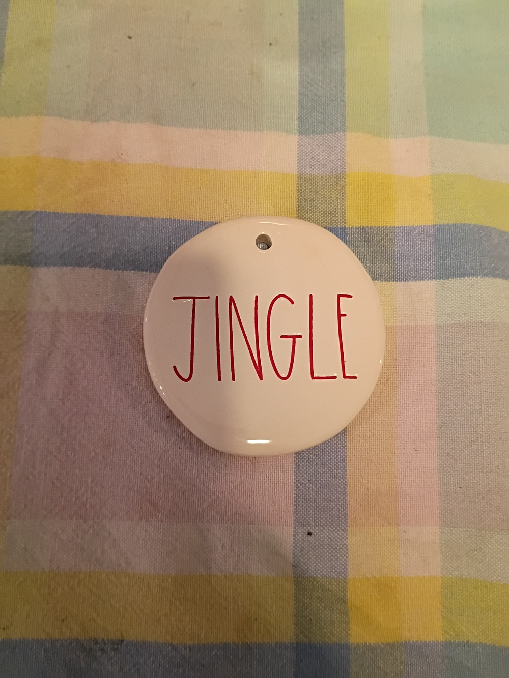 Rae Dunn White Ornament with Red Lettering - "JINGLE"